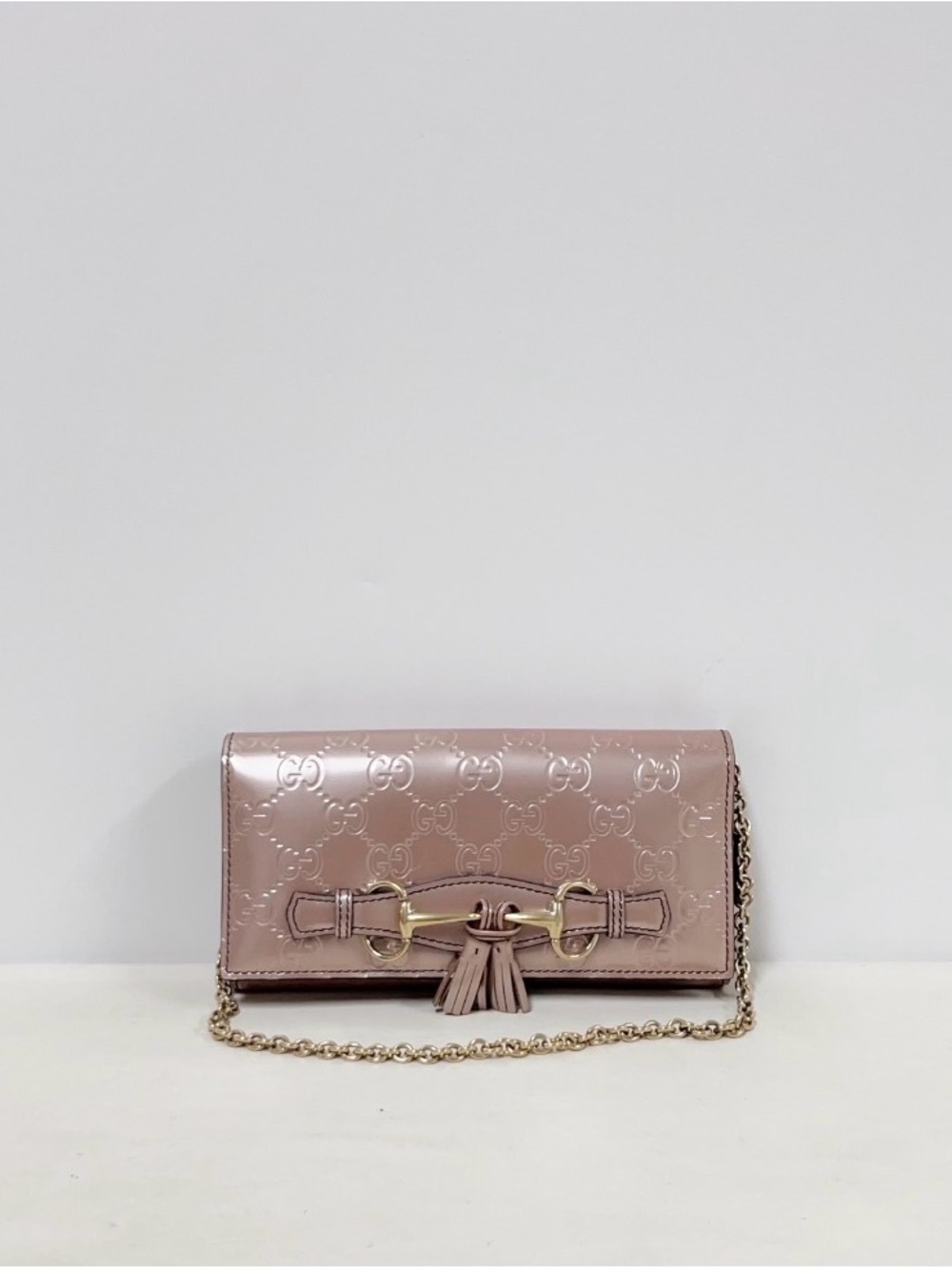 Gucci Dusty Pink Patent Leather Chain Wallet with Gold Horsebit